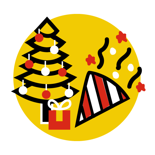 Ein gelber Kreis mit Weihnachts- und Silvester-Symbolen darauf.