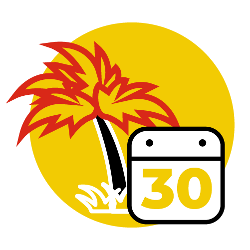 Ein gelber Kreis mit einer Palme und einem Kalender-Symbol darauf.