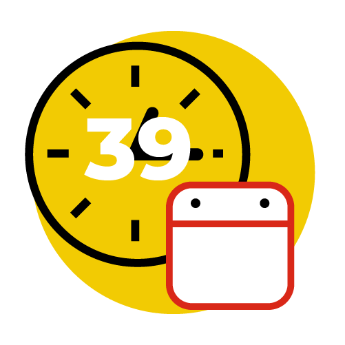 Ein gelber Kreis mit einem 39-Stunden-Symbol darauf.
