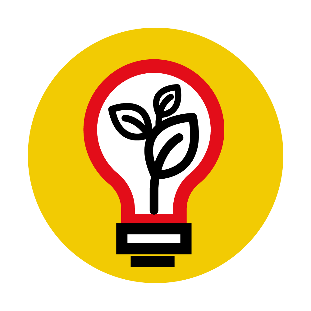 Ein gelber Kreis mit einer Glühbirne darauf.