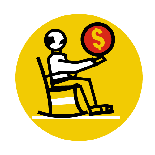 Ein gelber Kreis mit einem Mann auf einem Stuhl, der ein Dollar-Zeichen in der Hand hält darauf.