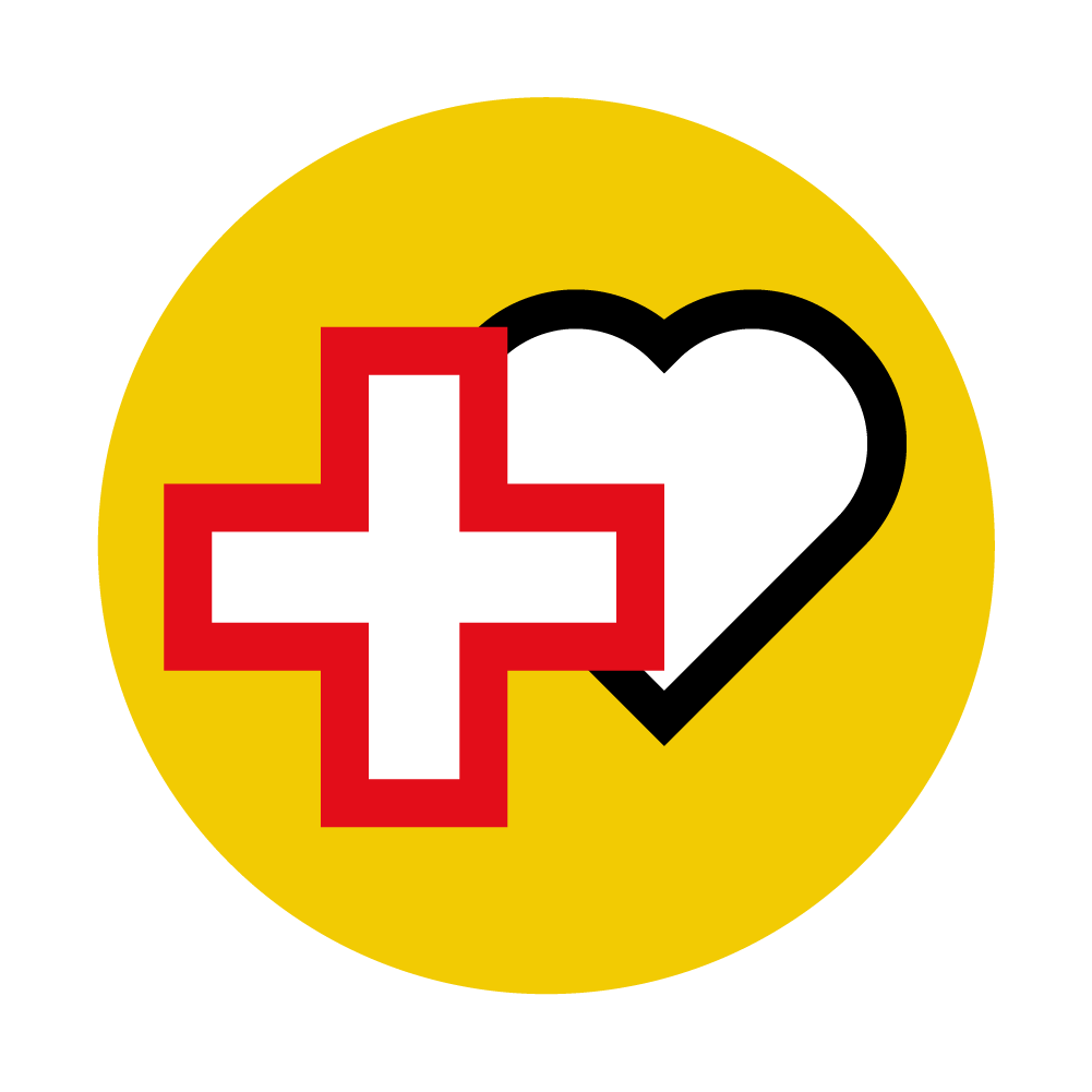 Ein gelber Kreis mit einem Herz und einem Helfer-Kreuz darauf.