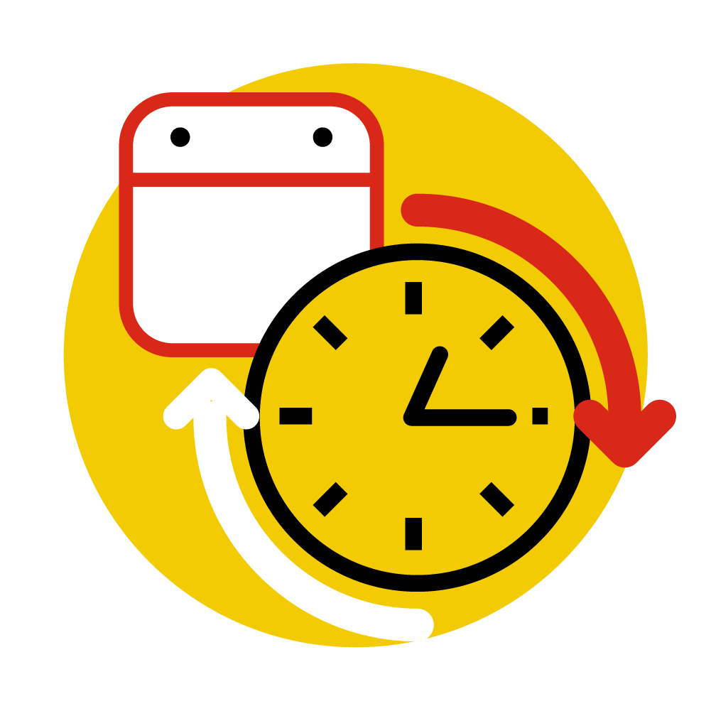 Ein gelber Kreis mit einer Uhr und einem Kalender-Symbol darauf.