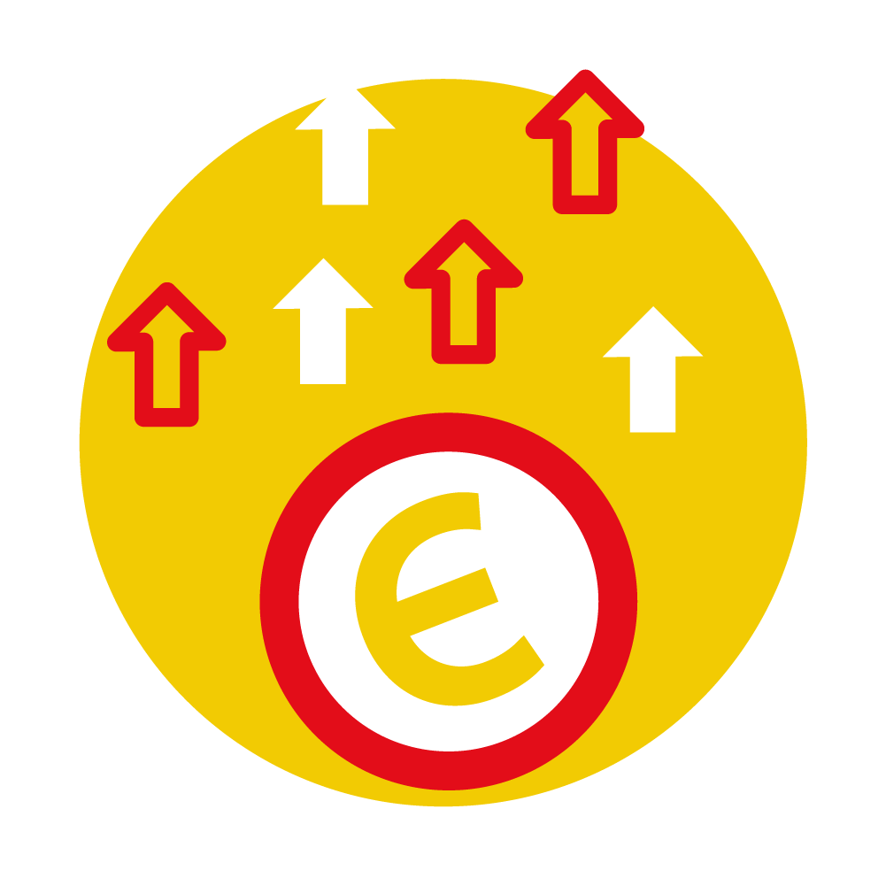 Ein gelber Kreis mit einem Geld-Symbol und Pfeilen nach oben darauf.