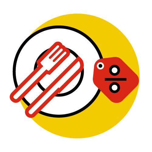 Ein gelber Kreis mit einem Teller und Besteck darauf.