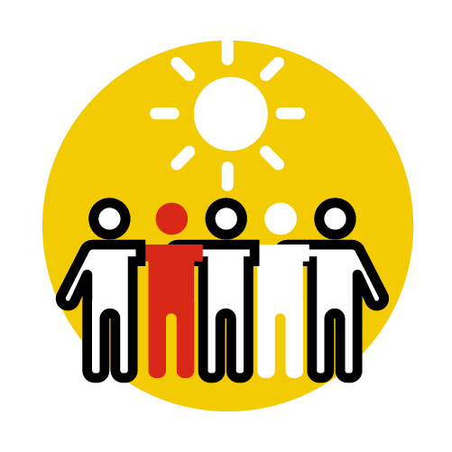 Ein gelber Kreis mit fünf Männchen und einer Sonne darauf.