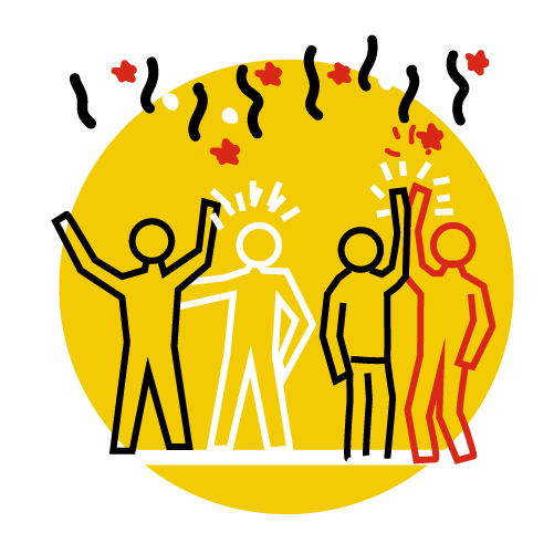 Ein gelber Kreis mit vier Männchen darauf.