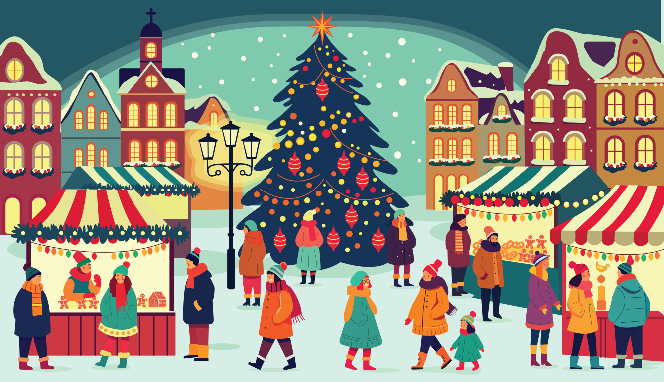 Ein Weihnachtsmarkt im Comic-Stil. Rechts und links hinten stehen Wohnhäuser, in der Mitte befindet sich ein großer, geschmückter Weihnachtsbaum. Weiter vorne befinden sich rechts und links Marktstände, einige mit weihnachtlichen Leckereien, andere mit weihnachtlicher Dekoration. Auf dem Markt tummeln sich Menschen umher und schlendern von Stand zu Stand.